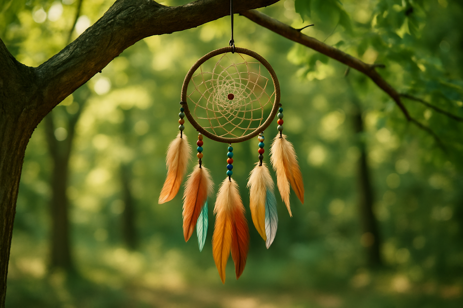 a dream catch hanging from a tree. 